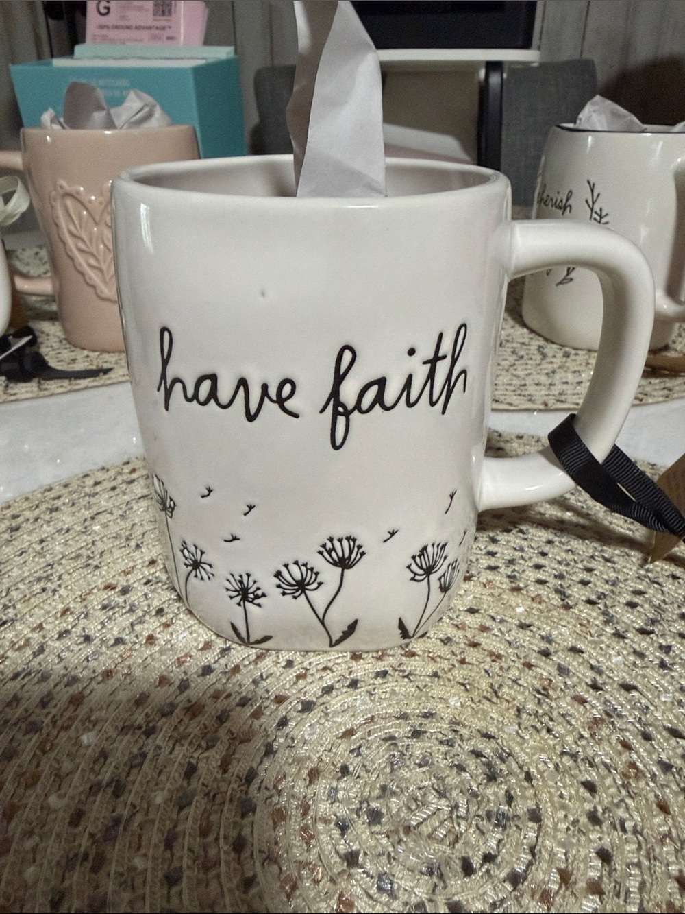 Rae Dunn White Ceramic Mug with Black Script and Floral Design